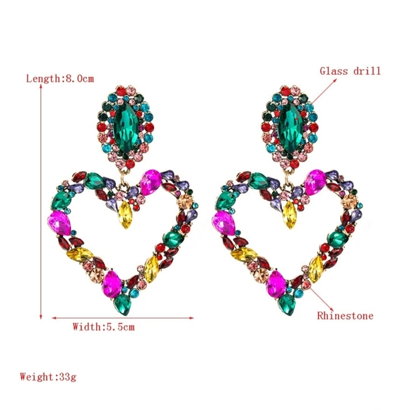 Heart Statement Earrings with Rhinestones Colorful Pierced - Picture 13 of 15